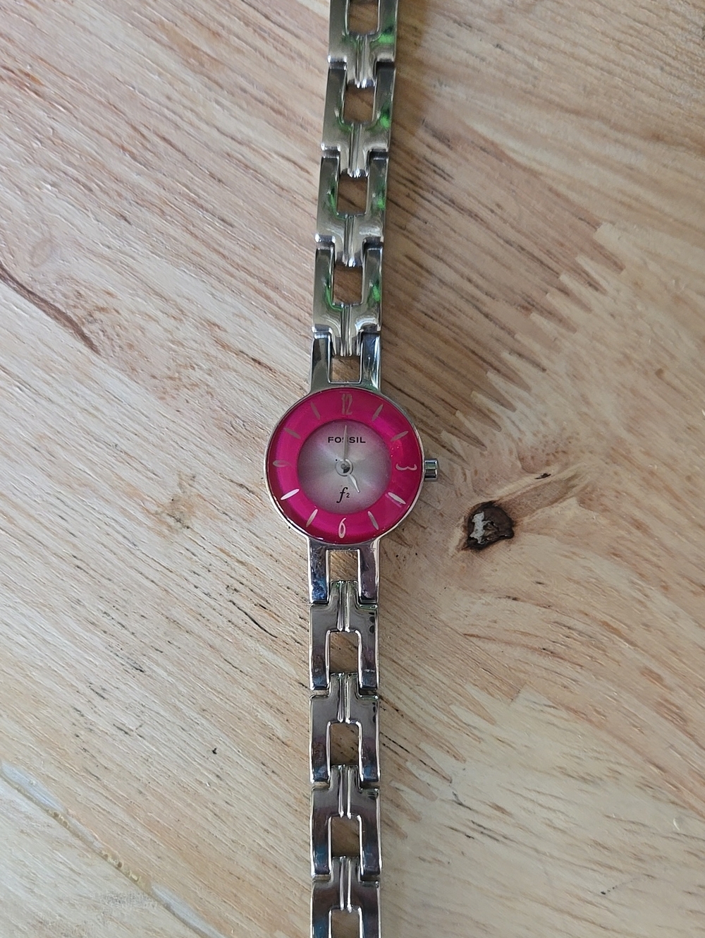 Fossil Silver Link Watch with Bright Pink Dial